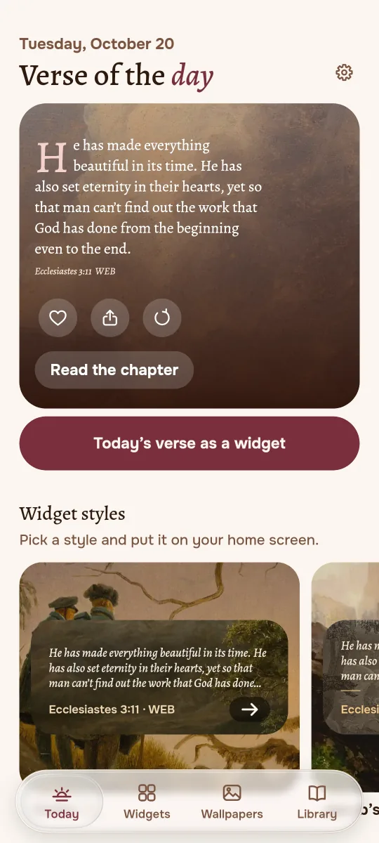 The Today screen of Jubilate with the verse of the day